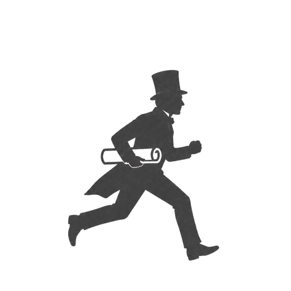 A top-hat figure running with a rolled map.