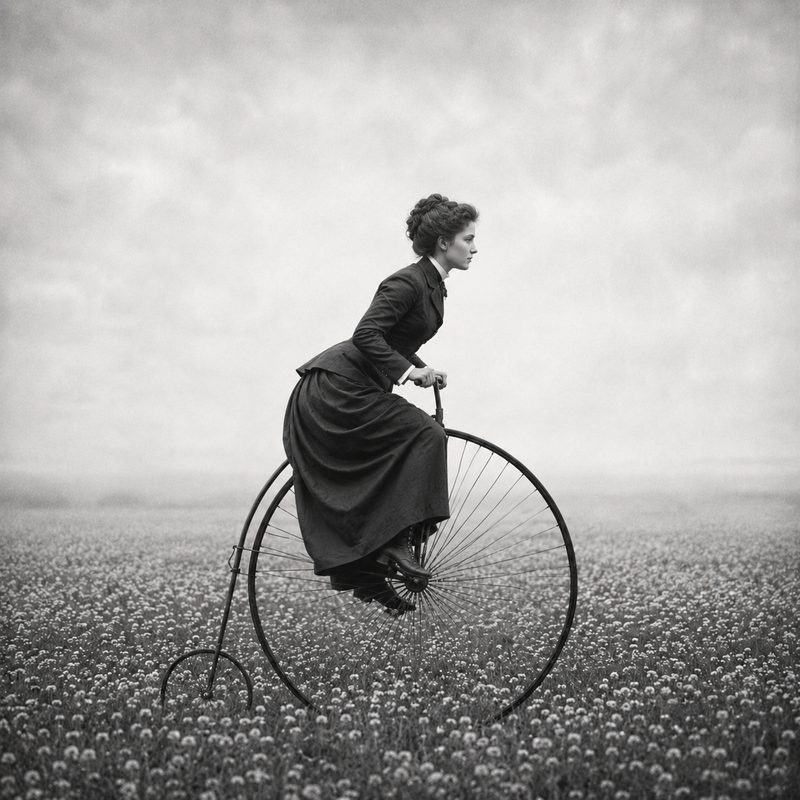 A Victorian rider on a penny-farthing in a field of flowers.